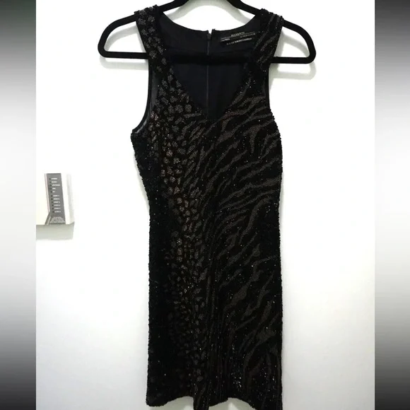 AllSaints Shia Embellished Beaded Zebra Sleeveless V-Neck Mini Dress 6